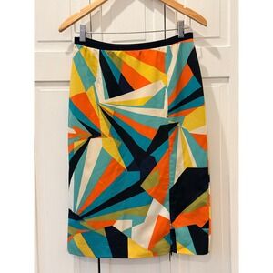 Worthington Geo Print‎ Midi Pencil Skirt Sz 6 Teal Yellow Retro 60s Mod Full Zip